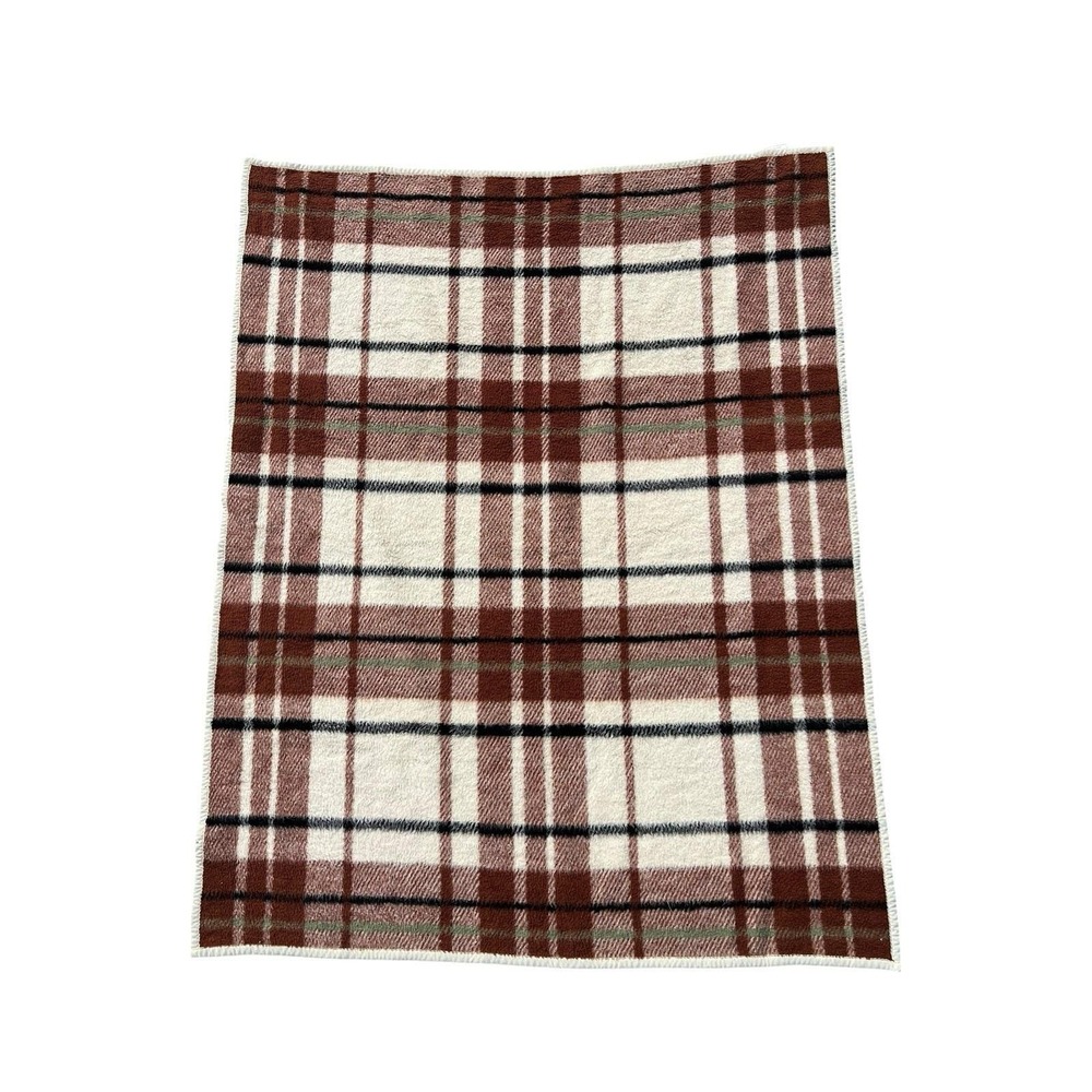 VTG Biederlack Made in USA Plush Plaid Fleece Brown Cabin Camping Blanket 70x55"